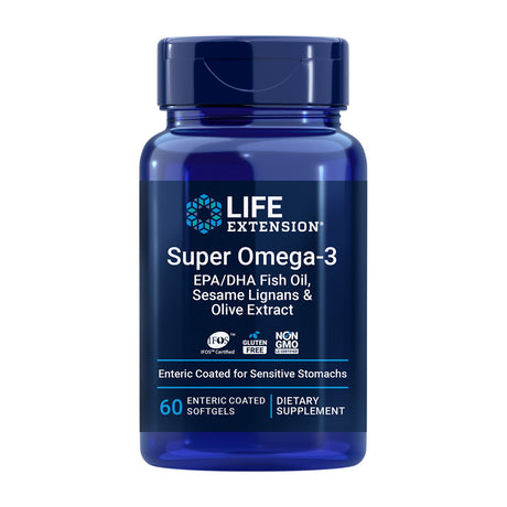 Life Extension Super Omega-3 EPA/DHA Fish Oil, Sesame Lignans & Olive Extract 60 Cápsulas Moles frente